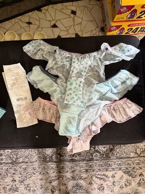 NWT Victoria's Secret Light Blue Floral Ruffle Tanga Underwear - 3 Pack